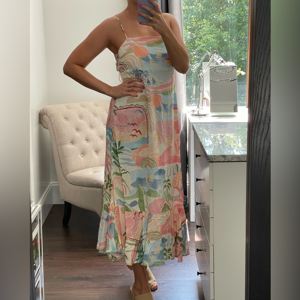 New! Beach Themed Design Multicolor Midi Dress, Thin Straps, Ties in the Back M